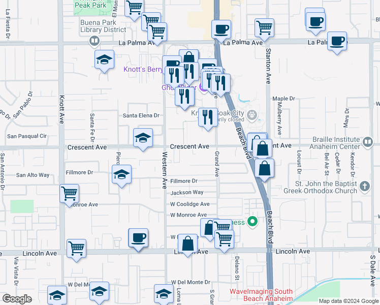 map of restaurants, bars, coffee shops, grocery stores, and more near 7600 Crescent Avenue in Buena Park
