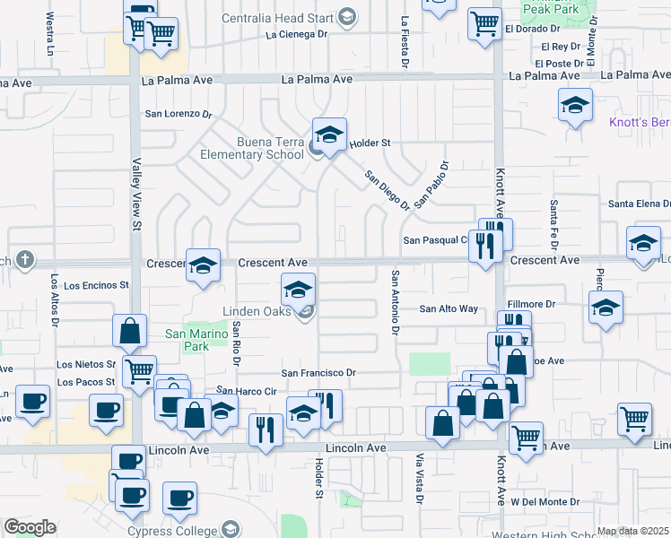 map of restaurants, bars, coffee shops, grocery stores, and more near 6561 San Hugo Way in Buena Park