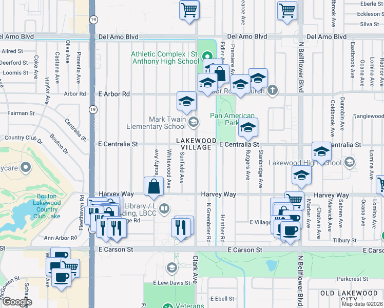 map of restaurants, bars, coffee shops, grocery stores, and more near 4421 Clark Avenue in Long Beach