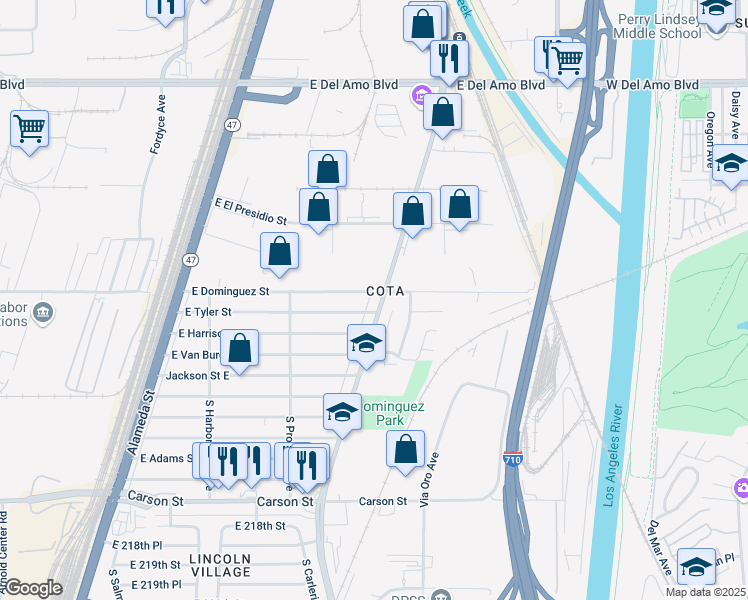 map of restaurants, bars, coffee shops, grocery stores, and more near 2775 East Tyler Street in Long Beach