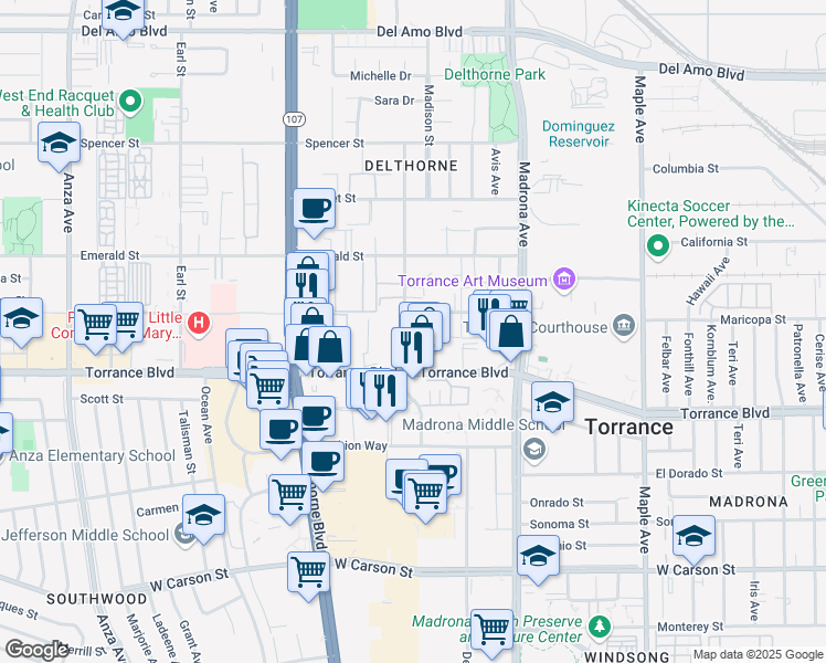 map of restaurants, bars, coffee shops, grocery stores, and more near 3537 Torrance Boulevard in Torrance