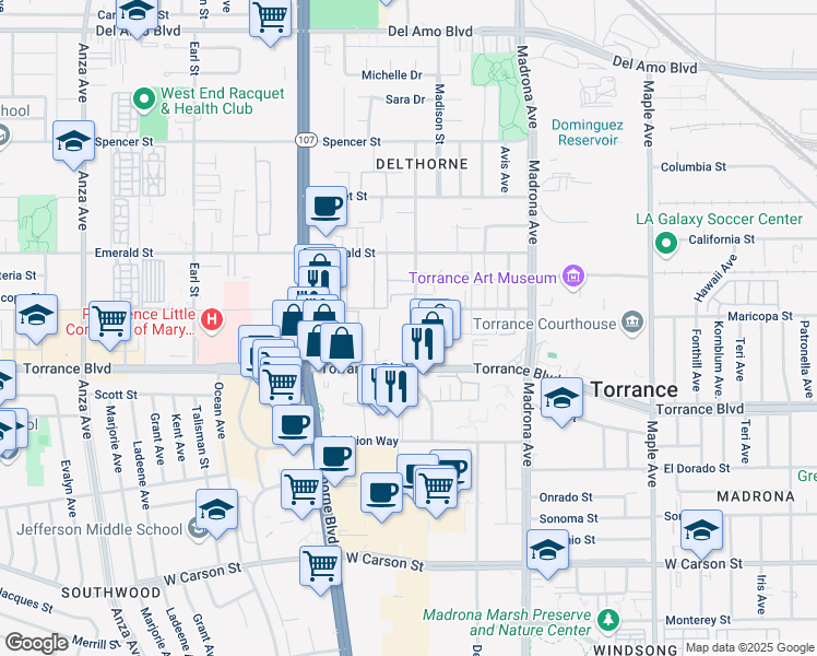 map of restaurants, bars, coffee shops, grocery stores, and more near 21107 Amie Avenue in Torrance
