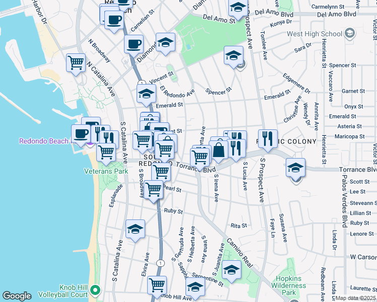 map of restaurants, bars, coffee shops, grocery stores, and more near 232 South Guadalupe Avenue in Redondo Beach