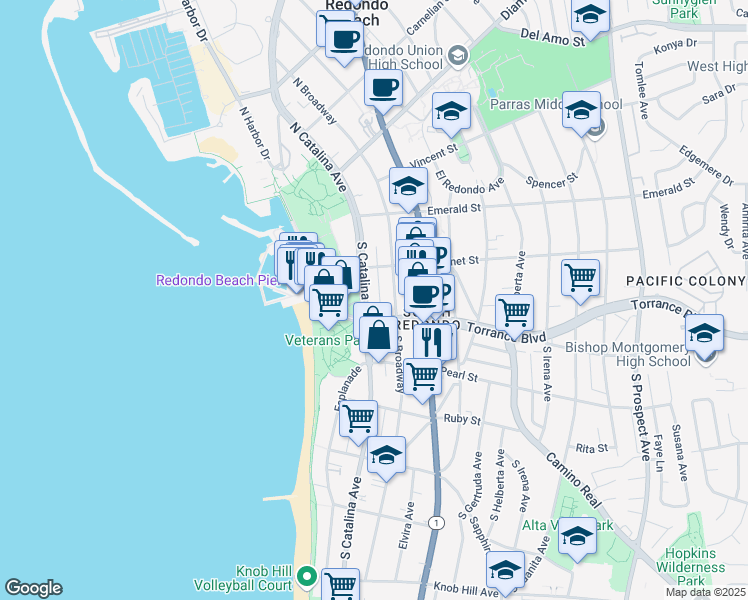 map of restaurants, bars, coffee shops, grocery stores, and more near 107 Torrance Boulevard in Redondo Beach