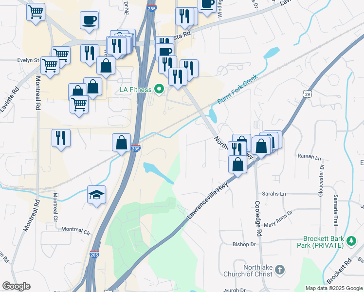 map of restaurants, bars, coffee shops, grocery stores, and more near 1904 Cameo Court in Tucker
