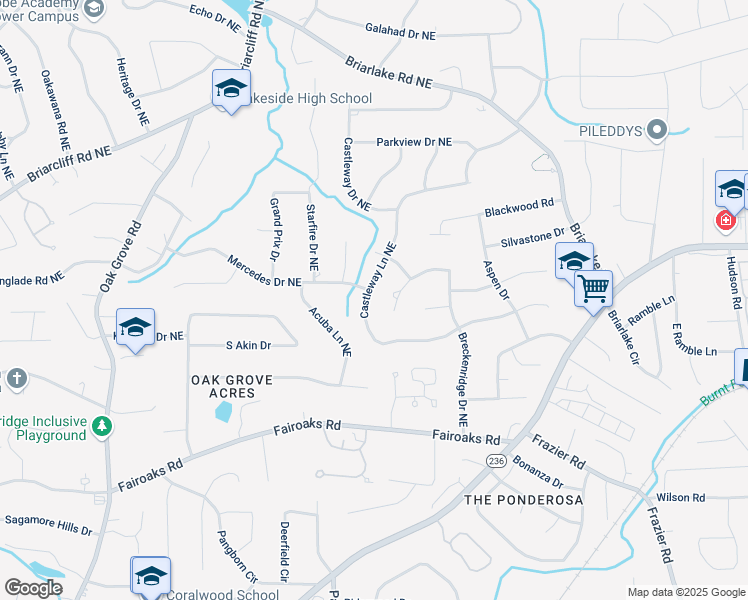 map of restaurants, bars, coffee shops, grocery stores, and more near 1905 Castleway Lane Northeast in Atlanta