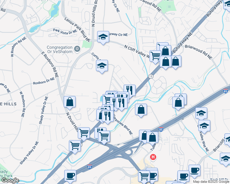 map of restaurants, bars, coffee shops, grocery stores, and more near 1951 Sterling Oaks Circle Northeast in Atlanta