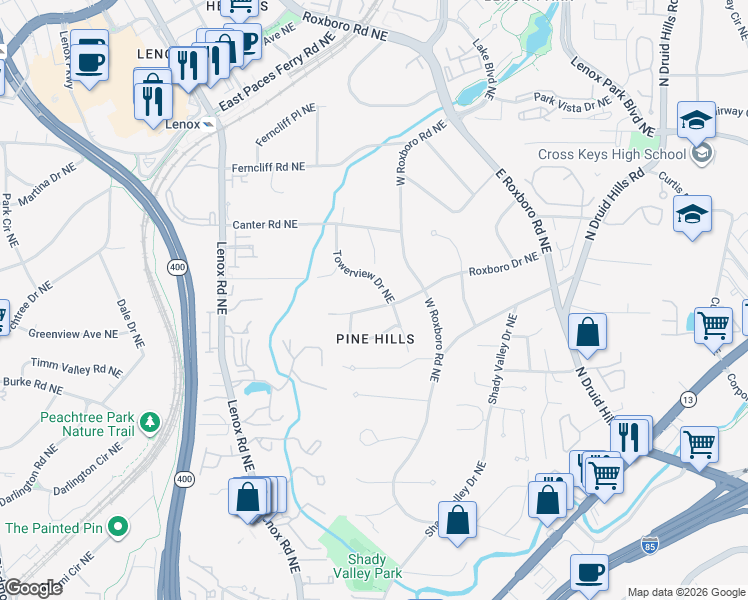 map of restaurants, bars, coffee shops, grocery stores, and more near 1117 Roxboro Drive Northeast in Atlanta