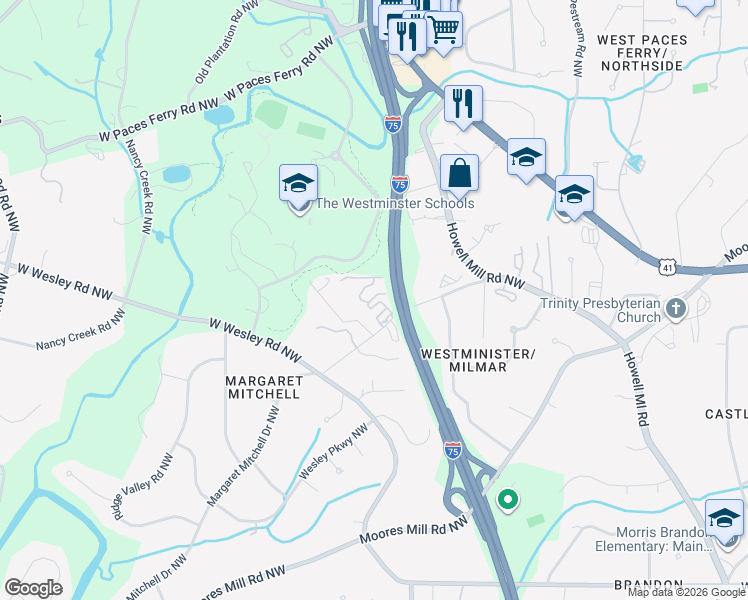 map of restaurants, bars, coffee shops, grocery stores, and more near 3050 Margaret Mitchell Drive Northwest in Atlanta