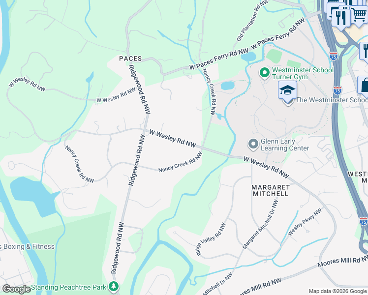 map of restaurants, bars, coffee shops, grocery stores, and more near 1676 West Wesley Road Northwest in Atlanta