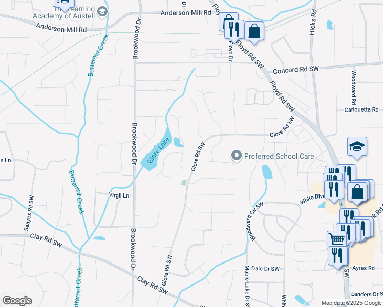 map of restaurants, bars, coffee shops, grocery stores, and more near Sweetlake Court in Mableton