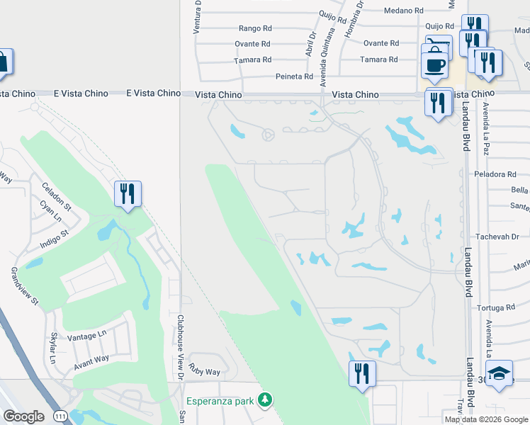 map of restaurants, bars, coffee shops, grocery stores, and more near 67272 Lakota Court in Cathedral City