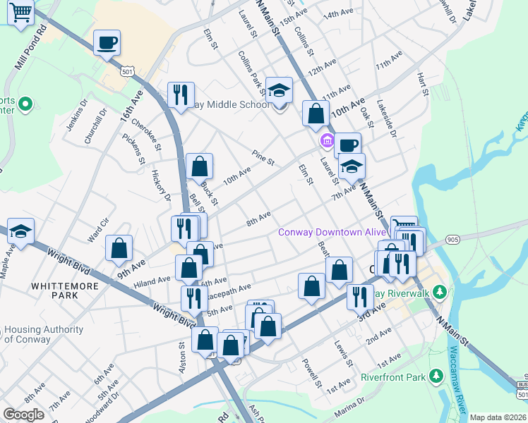 map of restaurants, bars, coffee shops, grocery stores, and more near 1404 8th Avenue in Conway