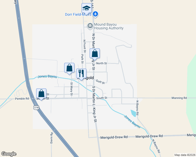 map of restaurants, bars, coffee shops, grocery stores, and more near 100-112 Goff Street in Merigold
