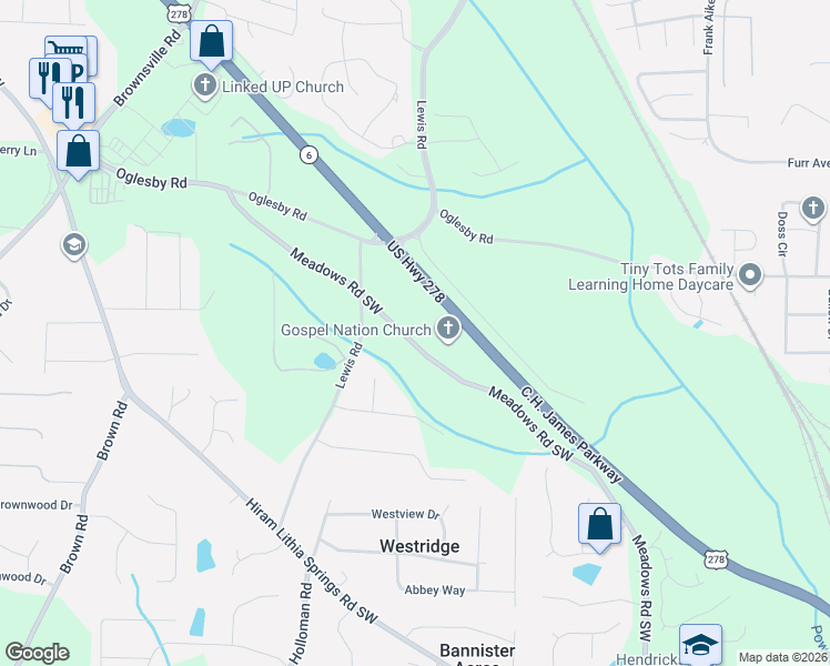 map of restaurants, bars, coffee shops, grocery stores, and more near 4691 Meadows Road Southwest in Powder Springs