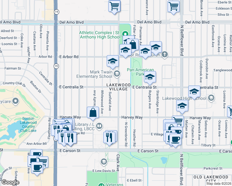 map of restaurants, bars, coffee shops, grocery stores, and more near 4421 Clark Avenue in Long Beach