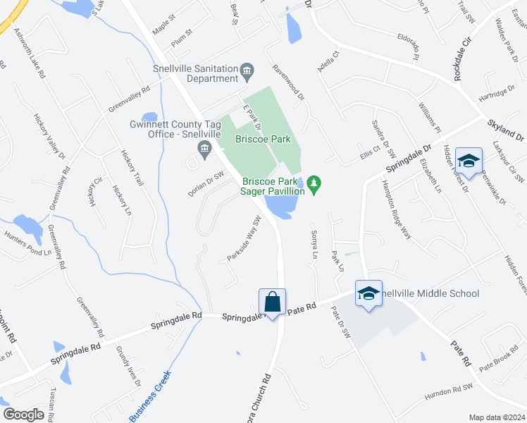 map of restaurants, bars, coffee shops, grocery stores, and more near 2501 Parkside Way Southwest in Snellville