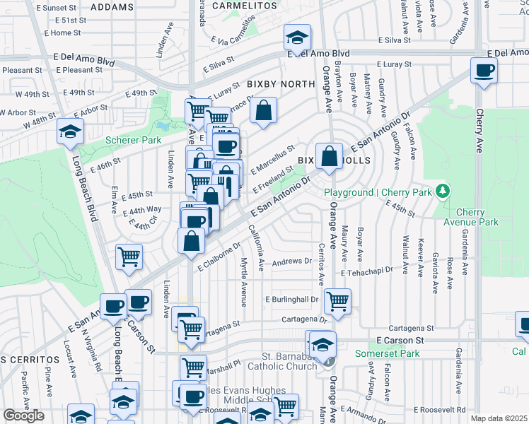 map of restaurants, bars, coffee shops, grocery stores, and more near 1024 East San Antonio Drive in Long Beach
