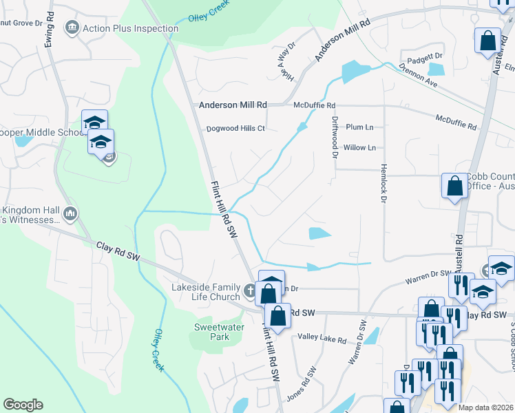 map of restaurants, bars, coffee shops, grocery stores, and more near 2396 Shire Court in Austell