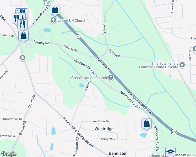 map of restaurants, bars, coffee shops, grocery stores, and more near 4630 Meadows Road Southwest in Powder Springs