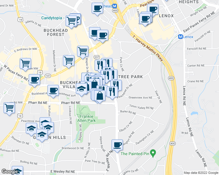 map of restaurants, bars, coffee shops, grocery stores, and more near 3066 Highway 237 in Atlanta