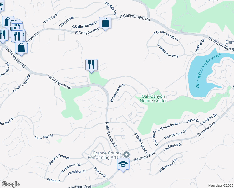 map of restaurants, bars, coffee shops, grocery stores, and more near 6520 East Camino Vista in Anaheim