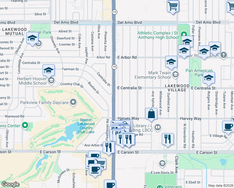 map of restaurants, bars, coffee shops, grocery stores, and more near 4436 North Lakewood Boulevard in Long Beach
