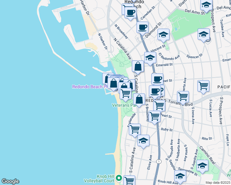 map of restaurants, bars, coffee shops, grocery stores, and more near in Redondo Beach