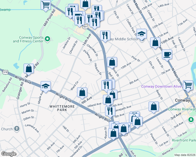 map of restaurants, bars, coffee shops, grocery stores, and more near 911 Hickory Circle in Conway