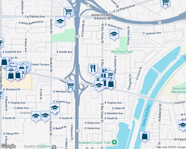 map of restaurants, bars, coffee shops, grocery stores, and more near 211 South Rio Vista Street in Anaheim