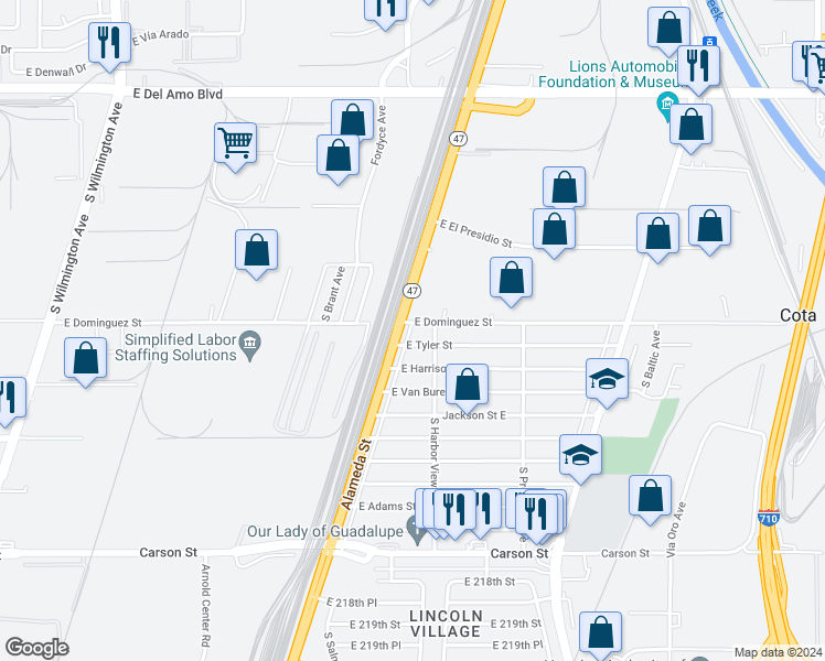 map of restaurants, bars, coffee shops, grocery stores, and more near 2510 East Dominguez Street in Carson