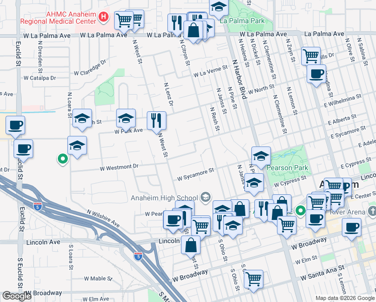 map of restaurants, bars, coffee shops, grocery stores, and more near 921 West Pioneer Drive in Anaheim