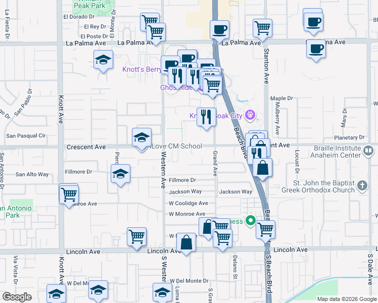 map of restaurants, bars, coffee shops, grocery stores, and more near 7600 Crescent Avenue in Buena Park
