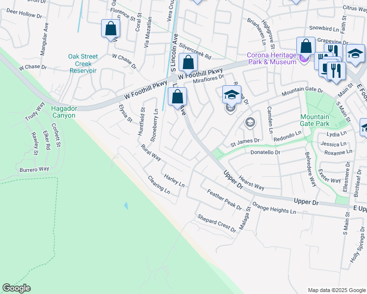 map of restaurants, bars, coffee shops, grocery stores, and more near 1153 Archer Circle in Corona