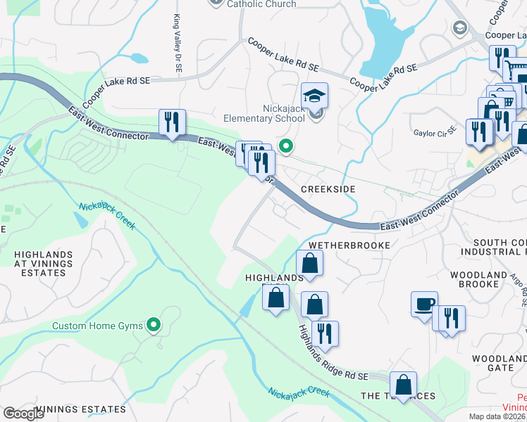 map of restaurants, bars, coffee shops, grocery stores, and more near 1400 Highlands Ridge Road Southeast in Smyrna