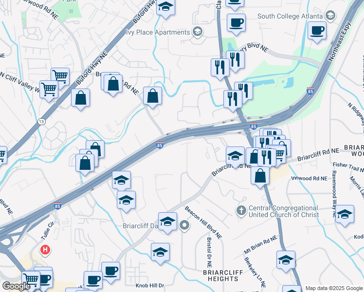 map of restaurants, bars, coffee shops, grocery stores, and more near 1905 Bruce Road Northeast in Atlanta