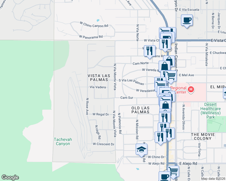 map of restaurants, bars, coffee shops, grocery stores, and more near 1175 North Via Monte Vista in Palm Springs