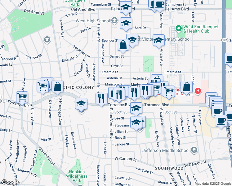 map of restaurants, bars, coffee shops, grocery stores, and more near 21019 Wood Avenue in Torrance