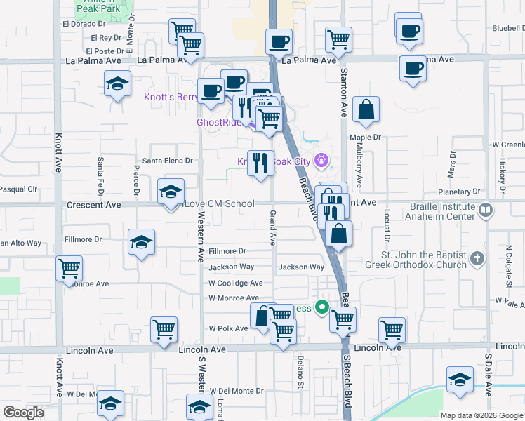 map of restaurants, bars, coffee shops, grocery stores, and more near 7720 Crescent Avenue in Buena Park