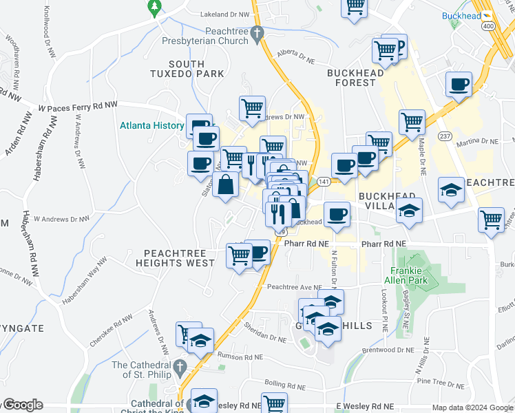 map of restaurants, bars, coffee shops, grocery stores, and more near 3040 Peachtree Road in Atlanta