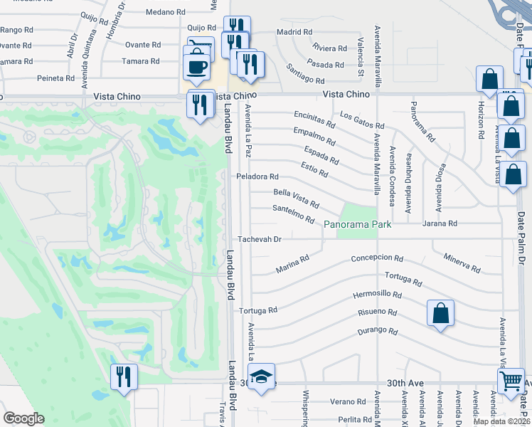 map of restaurants, bars, coffee shops, grocery stores, and more near 68125 Santelmo Road in Cathedral City
