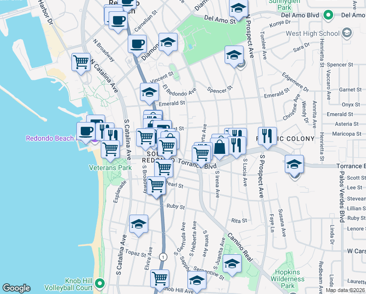 map of restaurants, bars, coffee shops, grocery stores, and more near 232 South Guadalupe Avenue in Redondo Beach