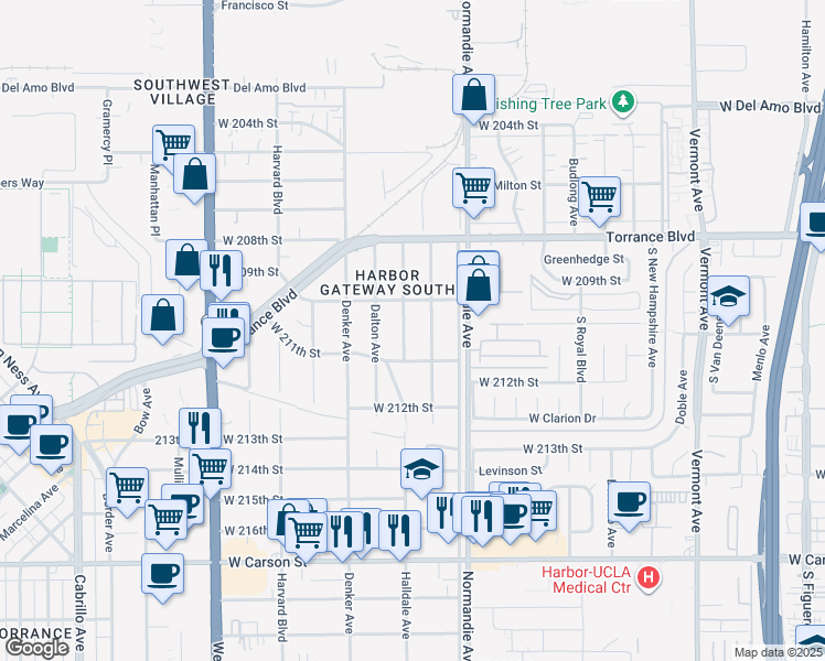 map of restaurants, bars, coffee shops, grocery stores, and more near 20930 Halldale Avenue in Torrance