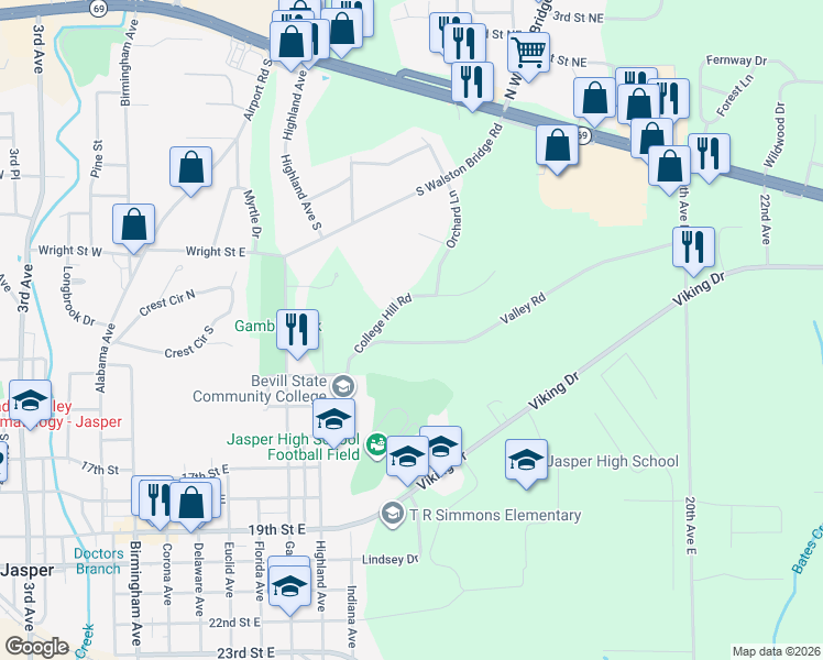 map of restaurants, bars, coffee shops, grocery stores, and more near 1201 Valley Road in Jasper