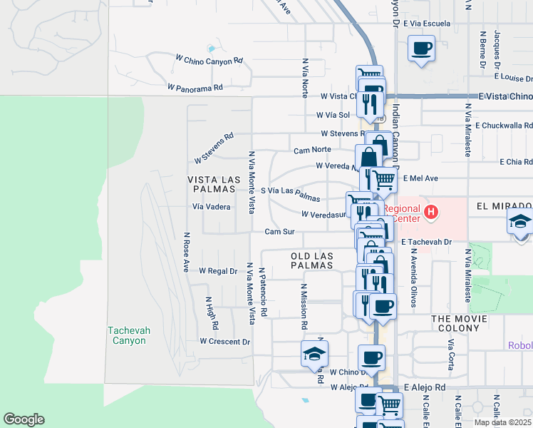 map of restaurants, bars, coffee shops, grocery stores, and more near 1175 Camino Mirasol in Palm Springs