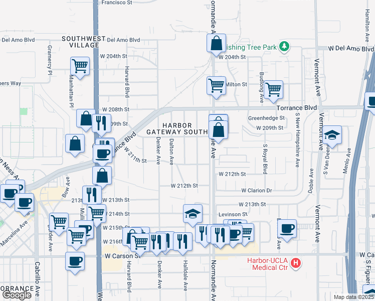 map of restaurants, bars, coffee shops, grocery stores, and more near 20930 Halldale Avenue in Torrance