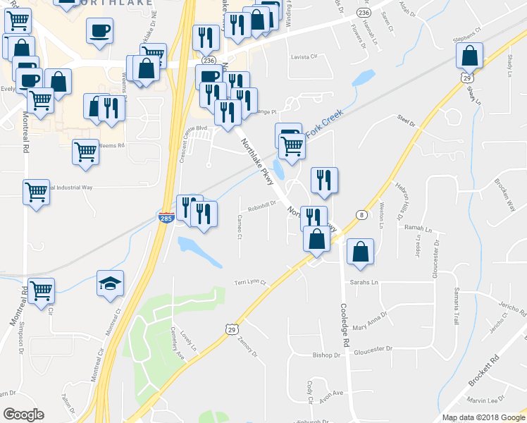 map of restaurants, bars, coffee shops, grocery stores, and more near 1908 Robinhill Ct in Tucker