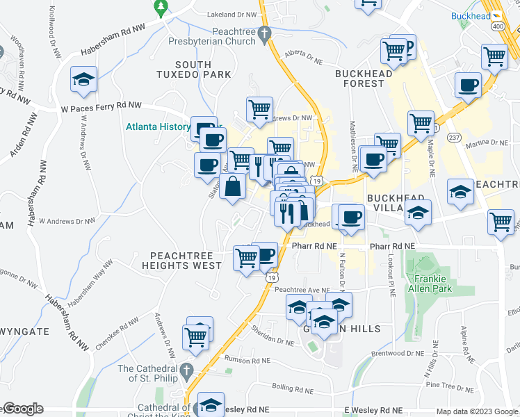 map of restaurants, bars, coffee shops, grocery stores, and more near 3040 Peachtree Road in Atlanta