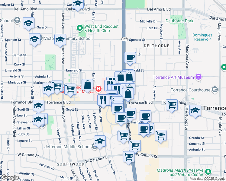 map of restaurants, bars, coffee shops, grocery stores, and more near 21035 Hawthorne Boulevard in Torrance