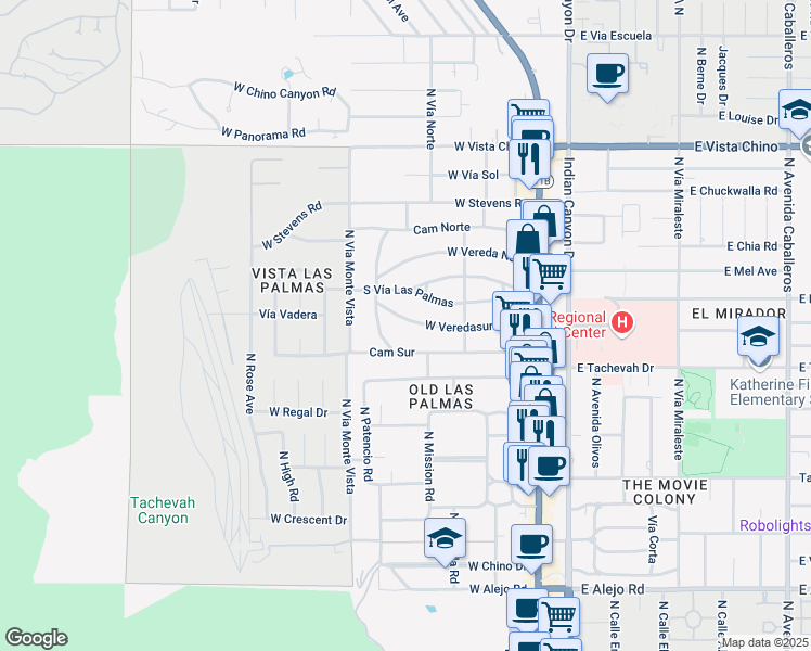map of restaurants, bars, coffee shops, grocery stores, and more near 466 Camino Sur in Palm Springs